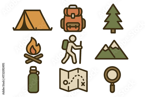 Minimalist outdoor adventure icons set with camping tent, hiking backpack, pine tree, campfire, hiker, mountains, water bottle, map, and magnifying glass, exploration essentials vector cartoon