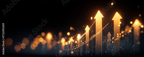 Digital Gold Arrows Pointing Upwards on Black Background with Glowing Lights and Information Lines, Suggesting Financial Growth or Stock Market Concept