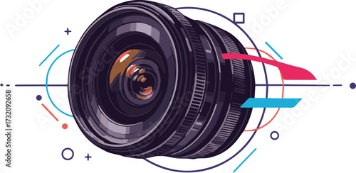 Creative concept of photography and vision illustrated with a detailed camera lens surrounded by dynamic geometric shapes and lines