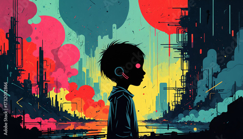 youth silhouette with glowi...