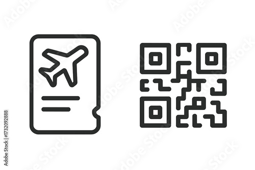 Minimalist travel icons with boarding pass and QR code design, vector cartoon illustration set, transparent background, airport ticket symbol, digital travel concept, flight pass graphic