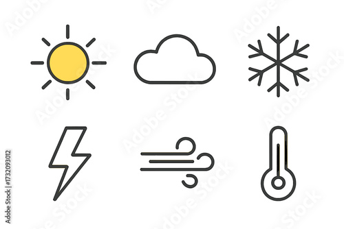 Minimalist weather icons set with sun, cloud, snowflake, lightning, wind, and temperature symbols, simple line art vector, cartoon style, transparent background, ordered collection