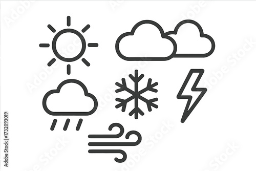 Minimalist weather icons set including sun, clouds, rain, snowflake, wind, and lightning symbols, simple vector cartoon illustration with transparent background, ordered collection