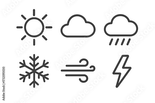 Minimalist weather icons set vector, sun, cloud, rain, snowflake, wind, lightning symbols, simple outline design, cartoon style, transparent background, weather forecast elements