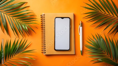 Smartphone and notebook with palm leaves