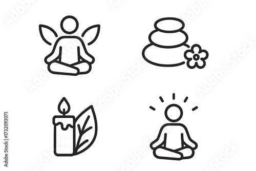 Minimalist yoga and meditation icons set for relaxation, balance, wellness, mindfulness, spiritual harmony, zen stones, candlelight calm, and peaceful meditation symbols, vector