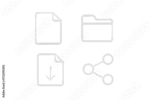 Minimalistic line icons for file management and sharing, vector cartoon illustration with transparent background, file document, folder, download, share symbols, modern UI set