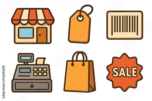 Retail shopping icons set storefront, price tag, barcode, cash register, shopping bag, sale badge. Cartoon vector illustration with transparent background for business and commerce