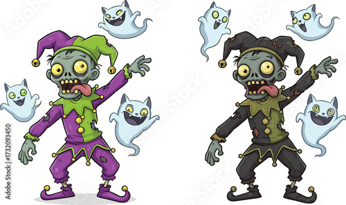 Cartoon zombie jesters with ghosts, creepy Halloween artwork, spooky horror humor illustration, grotesque undead clowns, scary costume design, playful fantasy character art