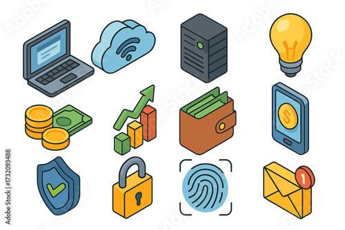 Isometric technology finance security icons set with laptop cloud server lightbulb wallet mobile security padlock fingerprint and email illustration transparent background