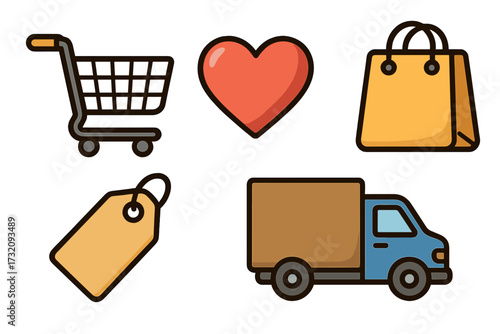 Shopping icons set with cart, heart, bag, tag, and delivery truck for e-commerce, retail, online shopping, and consumer goods in vector cartoon style with transparent background