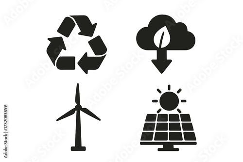 Sustainable eco icons set recycling symbol, carbon reduction concept cloud with leaf, renewable wind turbine, solar panel with sun, environmental protection vector silhouette design