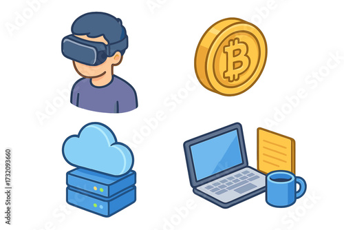 Tech icons collection with virtual reality headset, cryptocurrency bitcoin coin, cloud computing servers, and laptop office elements in isometric cartoon vector style, transparent background
