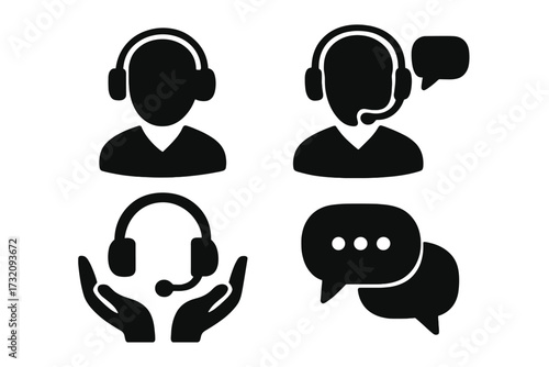 Customer support icons silhouette set with headset, communication symbols, hands holding headset, speech bubbles, vector cartoon illustration, transparent background, service and call center concepts