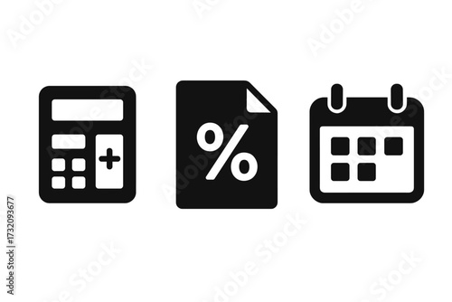 Tax silhouette icon set with calculator, percentage symbol, and calendar design. Vector cartoon illustration on transparent background. Financial planning, accounting, business symbols.