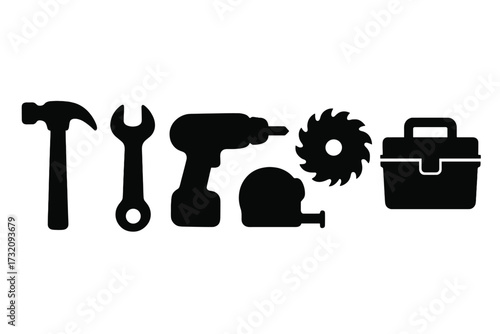 Vector silhouette icons of hammer, wrench, drill, saw blade, tape measure, and toolbox, cartoon style tool set with transparent background, construction and repair concept illustration