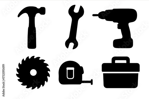Tool silhouettes set including hammer, wrench, drill, saw blade, tape measure, and toolbox icons, vector cartoon illustration, transparent background, construction and repair tools collection