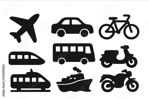 Silhouette icons of various transportation modes vector set with transparent background, including airplane, car, bicycle, train, bus, scooter, ship, and motorcycle, travel and transport concept