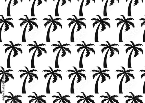 Seamless palm tree pattern in black silhouette on white background, tropical coconut tree vector design for summer, beach, vacation, fabric, wallpaper, and textile.
