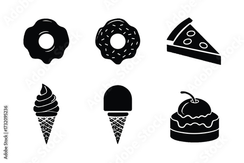 Collection of various monochrome delicious food icons including donuts ice cream pizza and cake for dessert