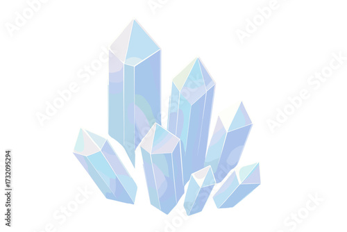 Luminous cluster of shimmering faceted crystals in soft pastel blue and purple hues with an ethereal glow and iridescent reflections