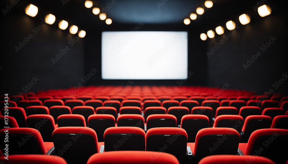 Fototapeta premium empty cinema theater interior with rows of red velvet seats and blank screen