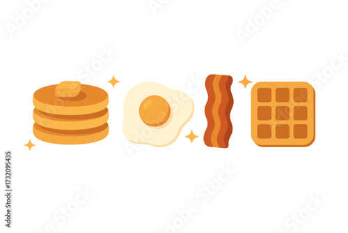Assortment of classic breakfast foods featuring fluffy pancakes, a perfectly fried egg, crispy bacon, and a golden waffle