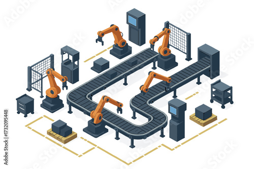 Isometric view of an automated factory production line with robotic arms, conveyor belts, and industrial machinery