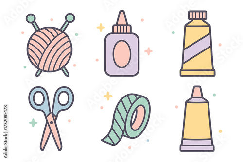 Collection of pastel crafting supplies for hobbies and creative projects including yarn, glue, scissors, and paint