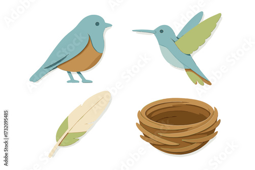 Beautiful collection of charming paper cut style birds, feather, and nest elements for spring and nature themed designs