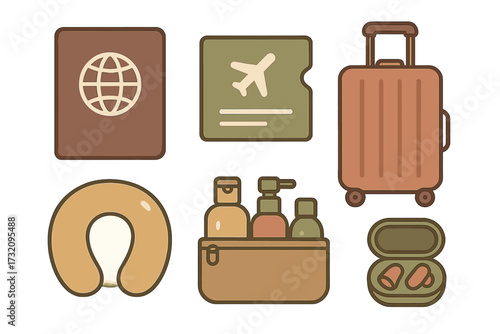 Essential travel items for vacation and journey preparation including passport ticket luggage and toiletries
