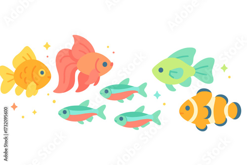 Vibrant aquatic scene with brightly colored fish swimming in a group, including goldfish, clownfish, and small schooling fish