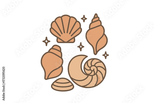 Assortment of marine seashells and conch shells with decorative sparkling elements on white background