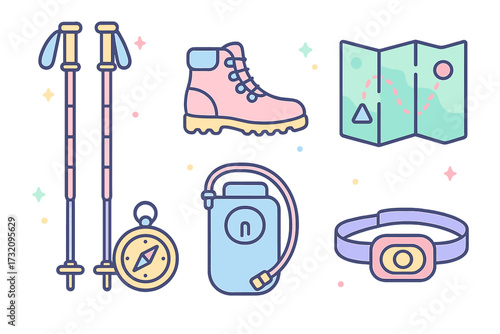 Essential hiking and outdoor adventure gear: poles, boots, map, compass, hydration pack, and headlamp for trekking