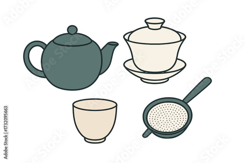 Traditional Asian tea ceremony accessories collection featuring a teapot, gaiwan, teacup, and tea strainer