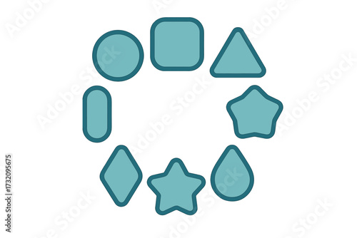 Assortment of diverse geometric shapes with rounded edges in a circular arrangement, featuring modern teal and blue-green hues