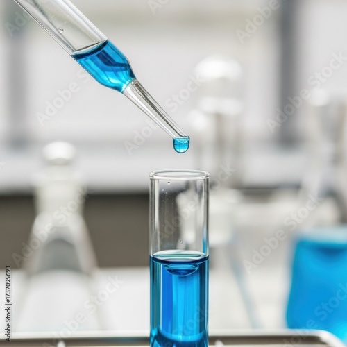 Blue Liquid Being Dropped into Test Tube in Laboratory.
