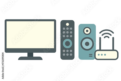 Essential electronic devices for home entertainment and internet connectivity: television, remote, speaker, router
