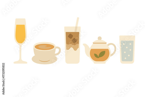 Assortment of popular beverages: coffee, tea, juice, and sparkling water, presented in a modern flat design
