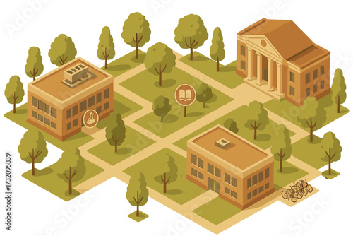 University campus map with academic buildings, library, science lab, green areas, and bicycle parking