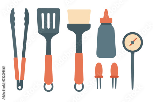 Barbecue grilling tools and accessories collection with tongs, spatula, basting brush, sauce, and thermometer