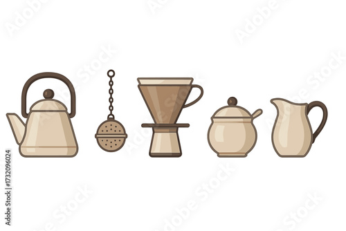 Assortment of coffee and tea preparation and serving utensils including teapot, infuser, dripper, sugar bowl, and creamer