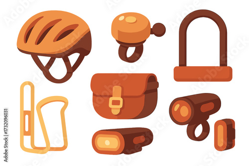 Essential bicycle accessories collection featuring a safety helmet, bell, U-lock, water bottle cage, saddle bag, and front and rear lights