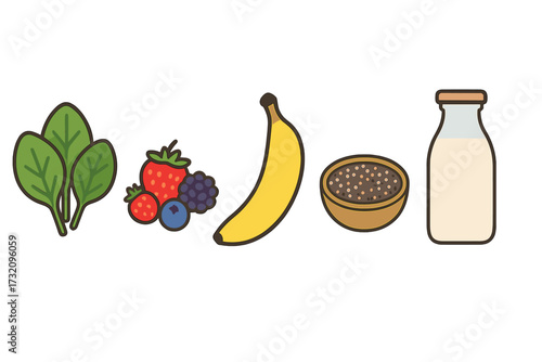 Assortment of fresh healthy smoothie ingredients including spinach leaves, mixed berries, ripe banana, chia seeds, and milk