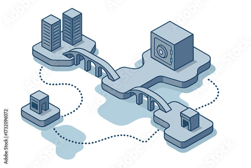 Isometric representation of a secure digital network infrastructure connecting data points, storage, and processing units