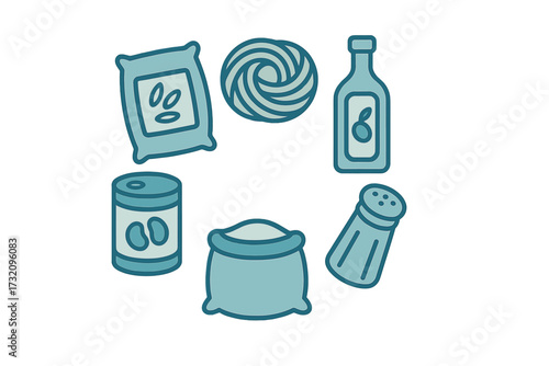 Collection of essential kitchen ingredients and pantry staples including grains, oil, and seasonings for cooking and baking