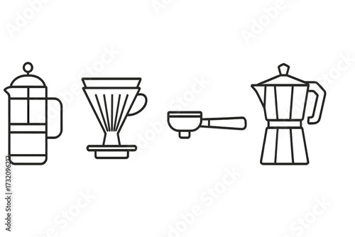 Coffee brewing equipment set: French press, pour-over dripper, portafilter, Moka pot