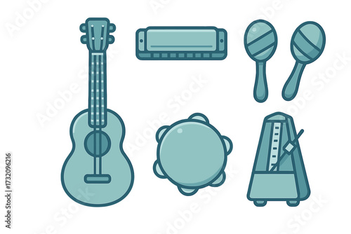 Assortment of various musical instruments and rhythm accessories for music education, performance, and creative expression, including guitar, harmonica, and percussion
