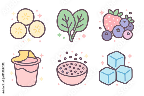Assortment of fresh fruits, leafy greens, and breakfast components including bananas, berries, spinach, and ice cubes for healthy lifestyle