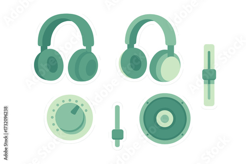 Modern green headphones, sound mixer controls, speaker, and fader elements for audio production, music listening, and entertainment technology